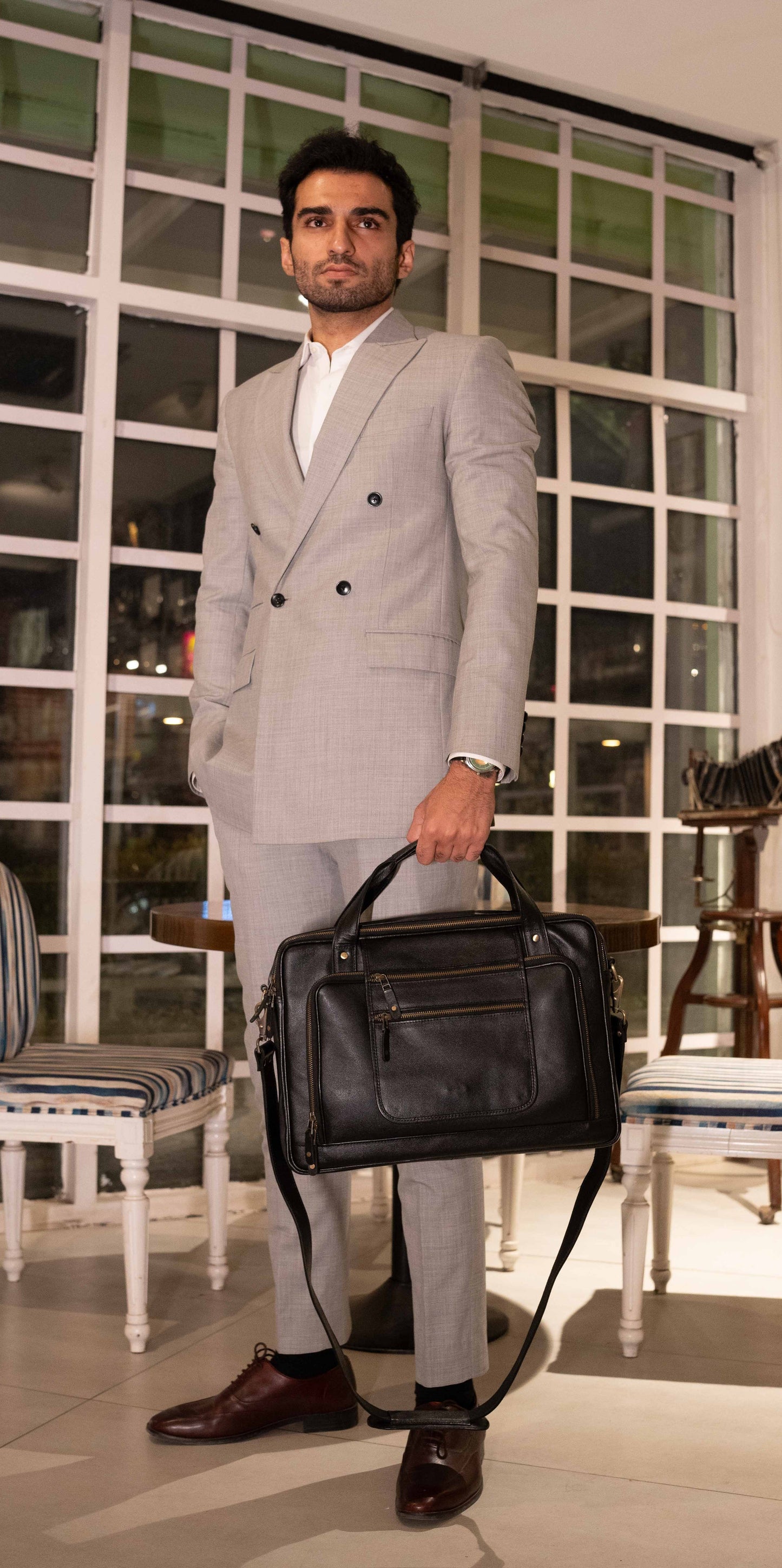 The Corporate Black Leather Multi-Pocket Briefcase
