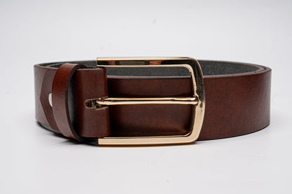 Elegant Brown Leather Belt – Gold Buckle