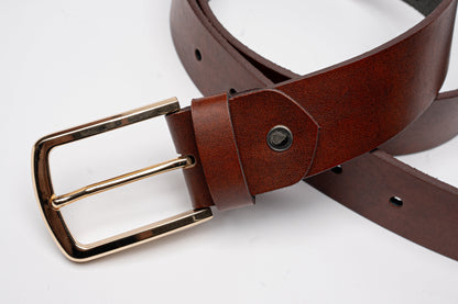 Elegant Brown Leather Belt – Gold Buckle